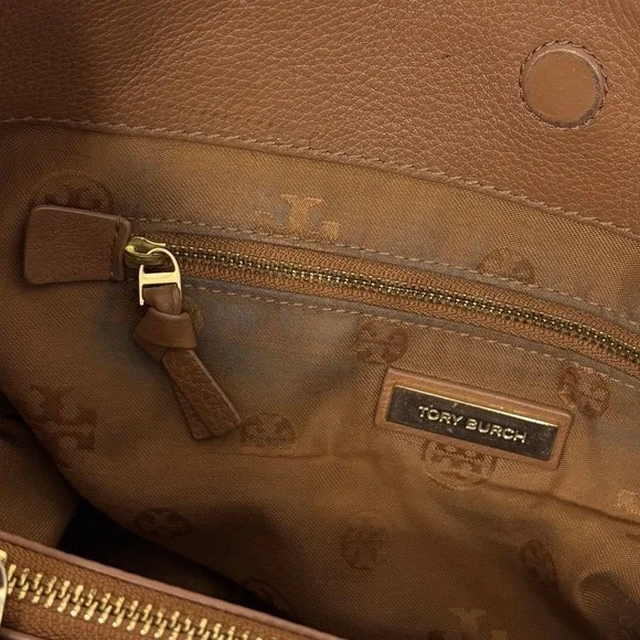Tory Burch Amanda Classic Pebbled Leather Tote Bag Tan Brown Gold Logo - Picture 8 of 11